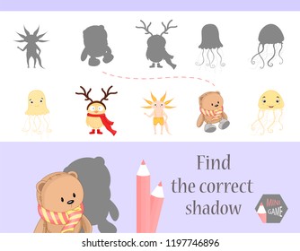 Find the correct shadow, education game for children. Cute Cartoon animals and Nature. vector illustration.
