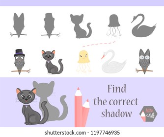 Find the correct shadow, education game for children. Cute Cartoon animals and Nature. vector illustration.