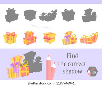 Find the correct shadow, education game for children. Cute Cartoon animals and Nature. vector illustration.