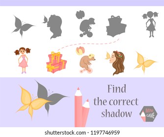 Find the correct shadow, education game for children. Cute Cartoon animals and Nature. vector illustration.