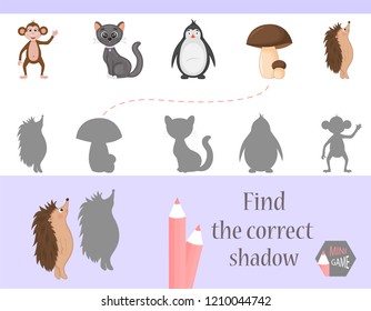 Find the correct shadow, education game for children. Cute Cartoon animals and Nature. vector illustration.