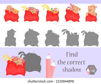 Find the correct shadow, education game for children. Cute Cartoon animals and Nature. vector illustration.