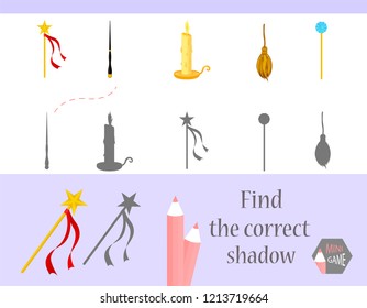 Find the correct shadow, education game for children. Cute Cartoon animals and Nature. vector illustration