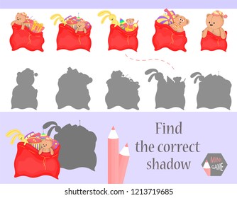 Find the correct shadow, education game for children. Cute Cartoon animals and Nature. vector illustration