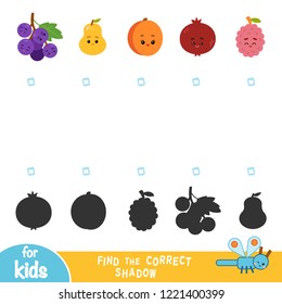 Encontre a sombra correta, jogo de educação para crianças. Conjunto de frutas com rostos engraçados