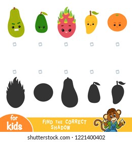Find the correct shadow, education game for children. Set of fruits with funny faces