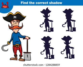 Find the correct shadow, education game for children. Set of cartoon pirate characters. Vector illustration.