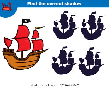 Find the correct shadow, education game for children. Set of cartoon pirate characters. Vector illustration.