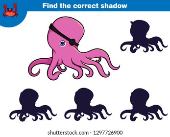Find the correct shadow, education game for children. Set of cartoon pirate characters. Vector illustration.