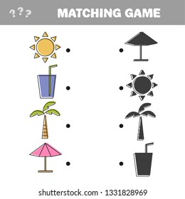 Find the correct shadow, education game for children. Colorful vector set of objects for a summer holiday - matching game