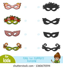 Find the correct shadow, education game for children, set of Carnival masks