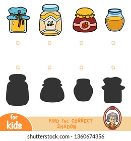 Find the correct shadow, education game for children, set of jars of jam and honey
