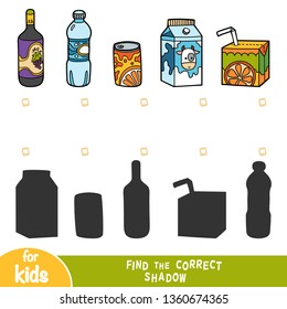 Find the correct shadow, education game for children, set of beverages