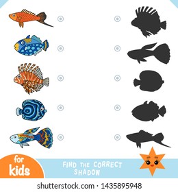 Find the correct shadow, education game for children, set of cartoon fish