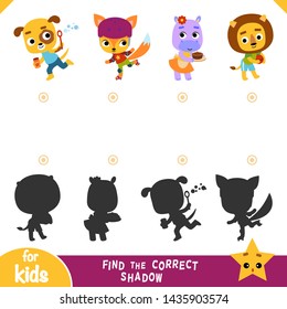 Find the correct shadow, education game for children, Set of cartoon characters -Lion, Dog, Hippo, Fox