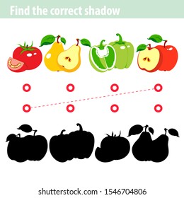 Find the correct shadow, education game for children. Set of fruits and vegetables.