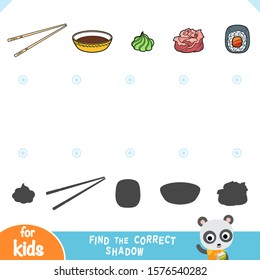 Find the correct shadow, education game for children. Set of wasabi, bamboo chopsticks, japanese pickled sushi ginger, soy sauce and sushi roll