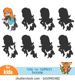 Encuentra la sombra correcta, juego de educación para niños, chica superhéroe con gato