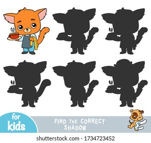 Find the correct shadow, education game for children, Cute cat waiter with a coffee mug on a tray