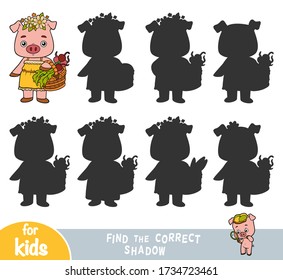 Find the correct shadow, education game for children, Cute pig with a basket of vegetables