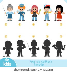 Find the correct shadow, education game for children, a set of characters of different professions. Teacher, postman, hairdresser, singer girl, courier