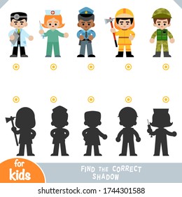Find the correct shadow, education game for children, a set of characters of different professions. Nurse, Police officer, firefighter, soldier, doctor