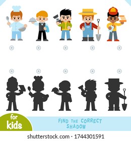 Find the correct shadow, education game for children, a set of characters of different professions. Farmer, chef, waiter, pizza deliveryman, photographer