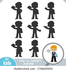 Encuentra la sombra correcta, juego educativo para los niños, Waiter con una servilleta y un plato en las manos