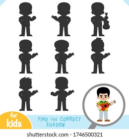 Find the correct shadow, education game for children, Musician man in Hawaiian shirt with ukulele