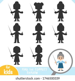 Find the correct shadow, education game for children, Teacher woman with a pointer and chalk in hands