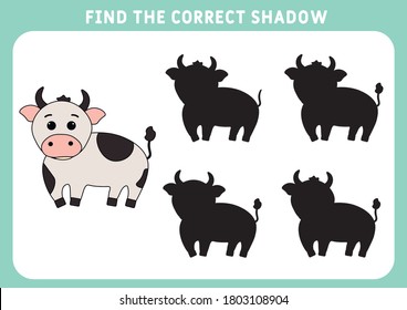 Find the correct shadow, education game for children.  little bull.  Symbol 2021. Preschool worksheet. Vector illustration.