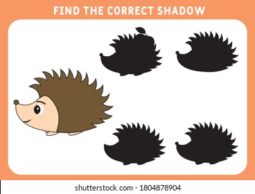 Find the correct shadow, education game for children.  little hedgehog. game for kids. Preschool worksheet. Vector illustration.