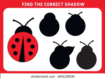 Find the correct shadow, education game for children. Funny little ladybug. Preschool worksheet. Vector illustration.