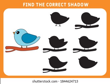 Find the correct shadow, education game for children. Funny little bird. Preschool worksheet. Vector illustration.