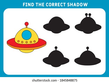 Find the correct shadow, education game for children. Funny little UFO. Preschool worksheet. Vector illustration.