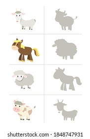 Find the correct shadow, education game for children. Farm animals collection set with sheep, goat, horse and cow
