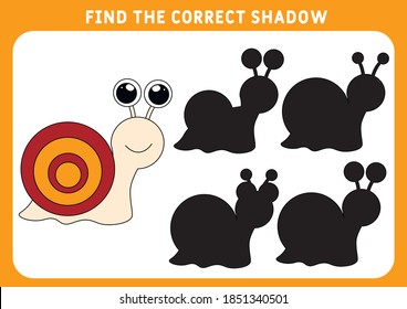 Find the correct shadow, education game for children. Funny little Snail. Preschool worksheet. Vector illustration.
