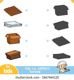 Find the correct shadow, education game for children. Vector set of objects from paper and cardboard - Shoe box, Heap of paper sheets, Open cardboard box, Egg tray