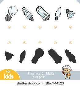 Find the correct shadow, education game for children. Vector set of light bulbs