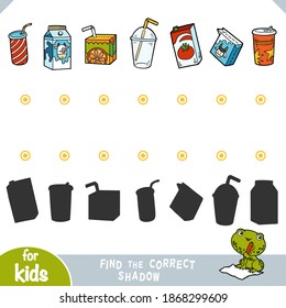 Find the correct shadow, education game for children. Set of packaging drinks - Juice boxes and plastic cups