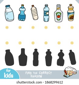 Encuentra la sombra correcta, juego educativo para niños. Conjunto vector de botellas de plástico