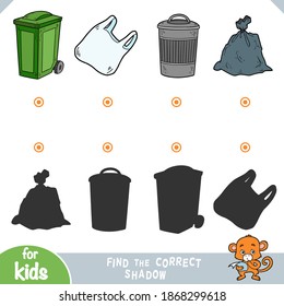 Find the correct shadow, education game for children. Vector collection of objects on the theme of garbage - plastic shopping bag, trash can, rubbish bag, container