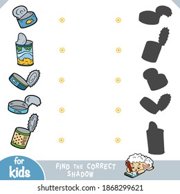 Find the correct shadow, education game for children. Vector set of opened tin cans
