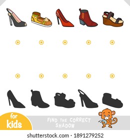 Find the correct shadow, education game for children. Set of womens shoes