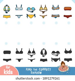 Finden Sie den richtigen Schatten, Erziehungsspiel für Kinder. Badebekleidung