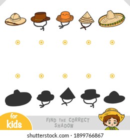 Encuentra la sombra correcta, juego educativo para niños. Juego de sombreros para hombres