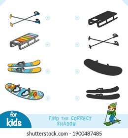 Find the correct shadow, education game for children. Set of winter objects - Children sledges, Snowboard, Skiing, Ski poles