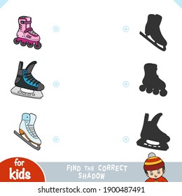 Find the correct shadow, education game for children. Set of sports equipment - Roller skates, Ice hockey skates, Figure skating