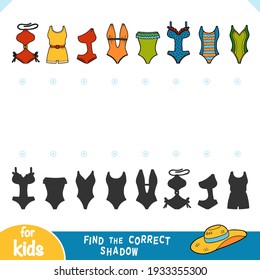 Find the correct shadow, education game for children. Set of women swimsuits
