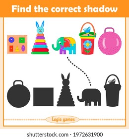 Find the correct shadow, education game for children. Set of kids toys pyramid, puzzle, bucket, ball.